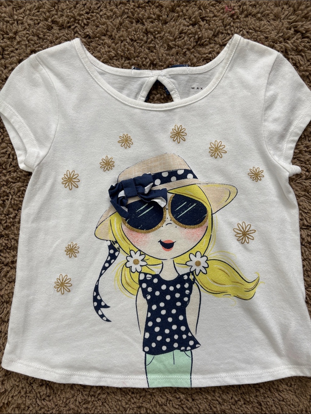 Max Studio White Short-Sleeve Tee with Navy Polka Dot Graphic and Yellow Accents